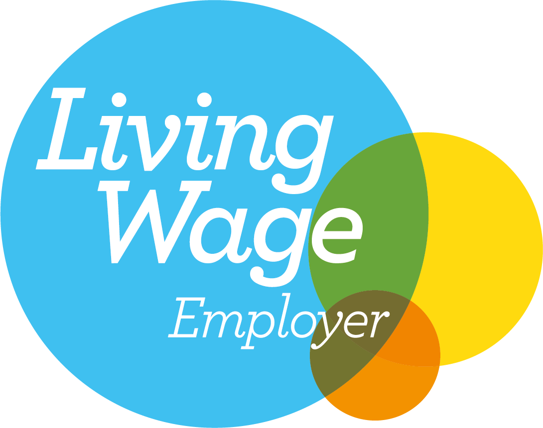 A coloured badge that reads 'Living Wage Employer'